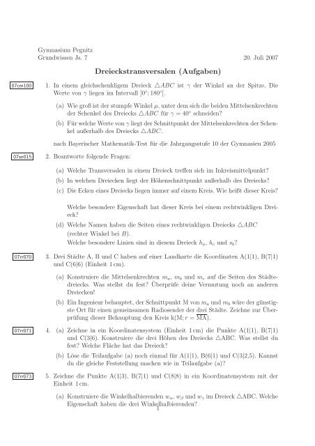 Dreieckstransversalen (Aufgaben) - Gymnasium Pegnitz