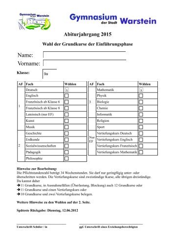 Wahlzettel für die EF - Gymnasium Warstein