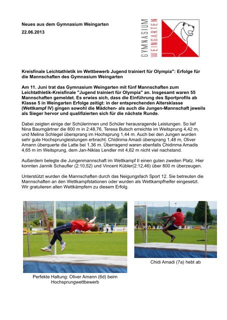 Neues aus dem Gymnasium Weingarten 22.06.2013 Kreisfinale ...