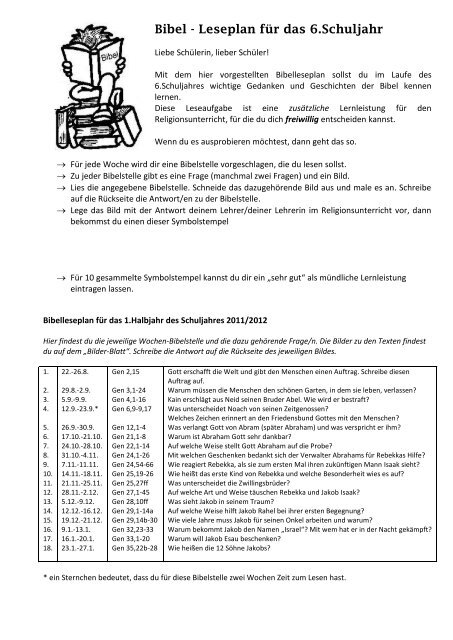 Bibel - Leseplan für das 6.Schuljahr