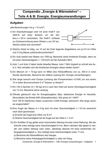 Arbeit, Energie, Energiesatz - Aufgaben