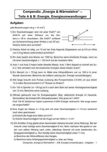 Arbeit, Energie, Energiesatz - Aufgaben