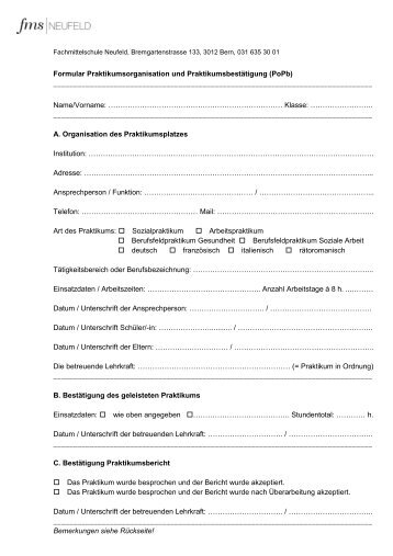Formular Praktikumsorganisation und Praktikumsbestätigung (PoPb)