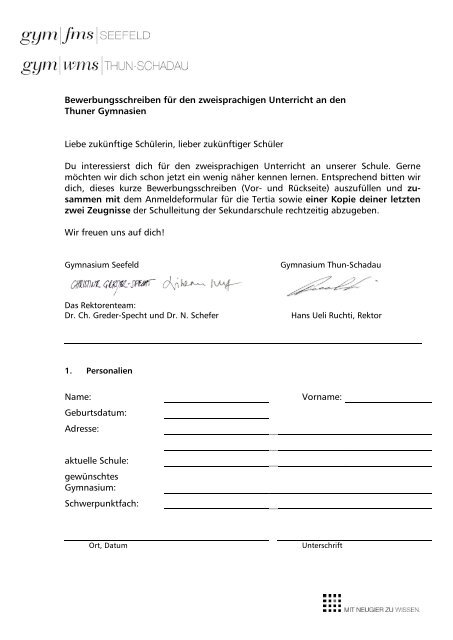 Formular für die Bewerbung - Gymnasium und Fachmittelschule ...