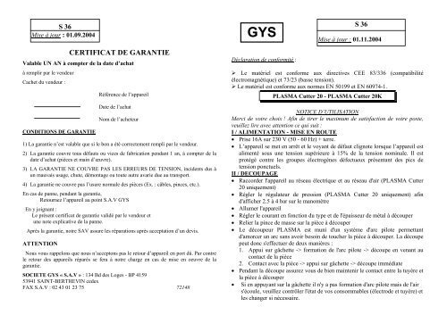 CERTIFICAT DE GARANTIE - GYS
