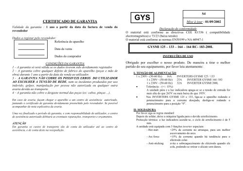 CERTIFICADO DE GARANTIA - GYS