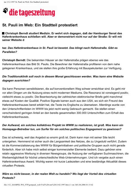 taz 13.2.1997 St. Pauli im Web: Ein Stadtteil protestiert