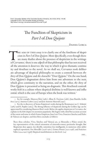 The Function of Skepticism in Part I of Don Quijote - H-Net