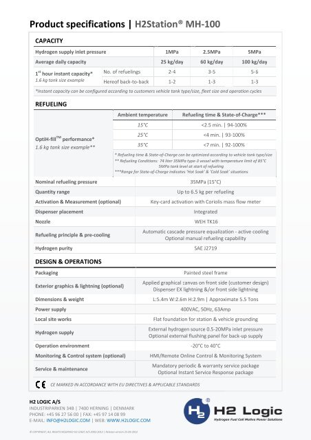 H2Station® MH-100 Product Specifications - H2 Logic