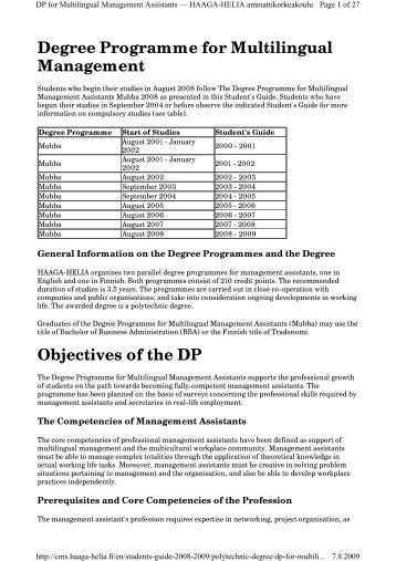 Degree Programme for Multilingual Management Objectives of the DP