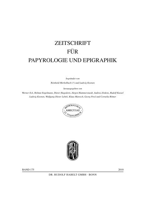 Zeitschrift für Papyrologie und Epigraphik - Dr. Rudolf Habelt GmbH