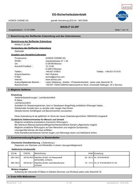 EG-Sicherheitsdatenblatt 45020