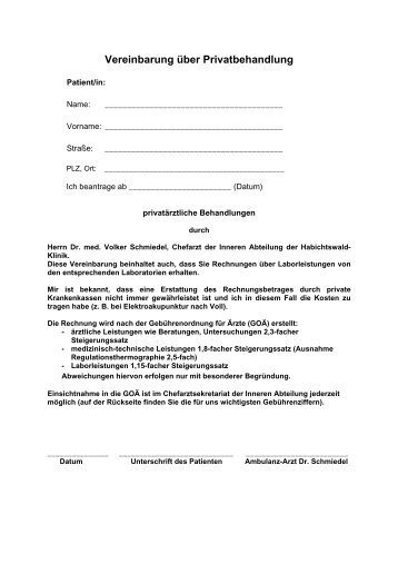 Vereinbarung über Privatbehandlung - Habichtswald-Klinik