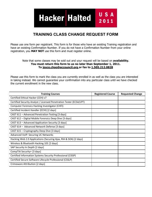 TRAINING CLASS CHANGE REQUEST FORM - Hacker Halted