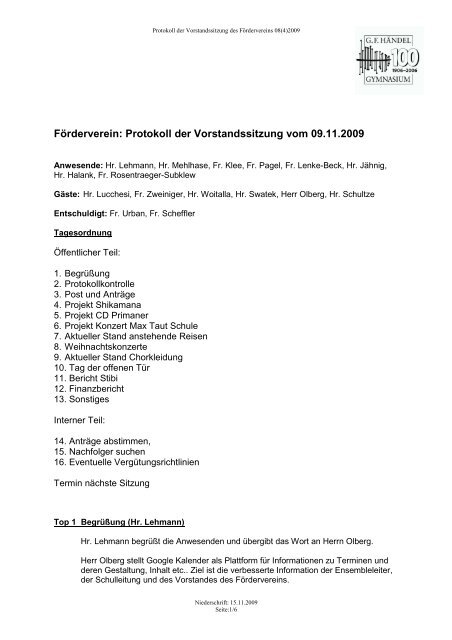 Förderverein: Protokoll der Vorstandssitzung vom 09.11.2009