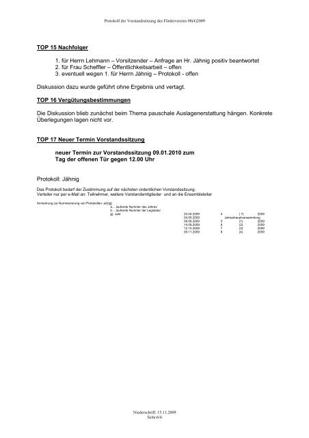 Förderverein: Protokoll der Vorstandssitzung vom 09.11.2009