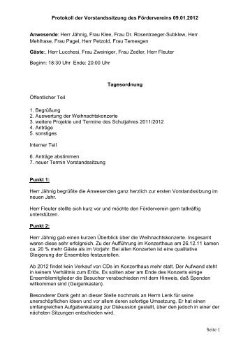 Protokoll der Vorstandssitzung des Fördervereins 09.01.2012 Seite ...