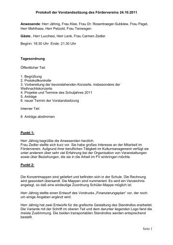 Protokoll der Vorstandssitzung des Fördervereins 24.10.2011 Seite ...