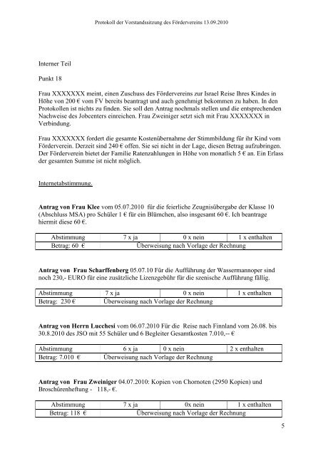 Protokoll der Vorstandssitzung des Fördervereins 13.09.2010