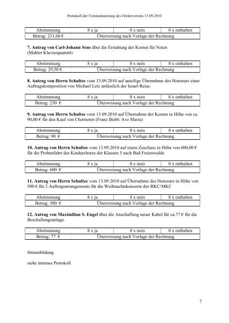 Protokoll der Vorstandssitzung des Fördervereins 13.09.2010