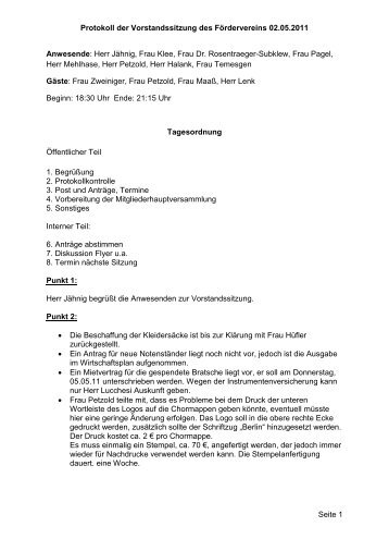 Protokoll der Vorstandssitzung des Fördervereins 02.05.2011 Seite ...