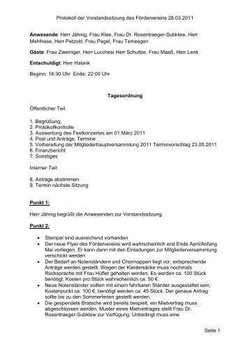 Protokoll der Vorstandssitzung des Fördervereins 28.03.2011 Seite ...