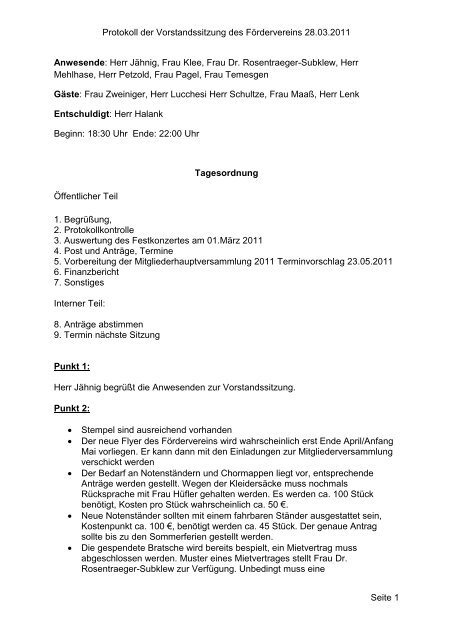 Protokoll Der Vorstandssitzung Des Fordervereins 28 03 2011 Seite