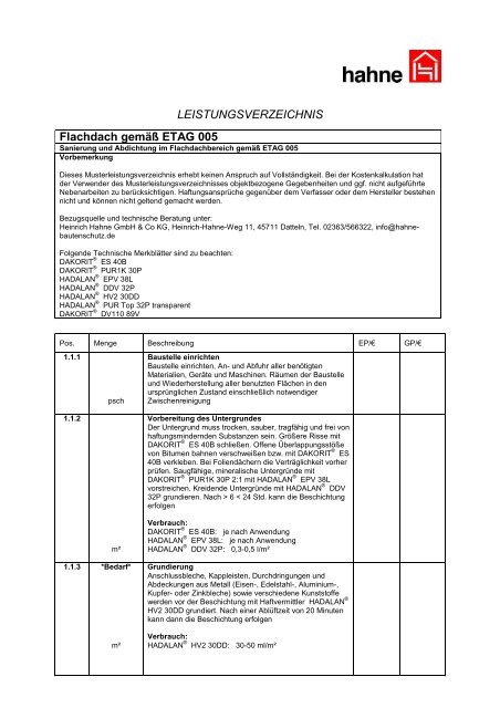 Flachdach gemäß ETAG 005x - Heinrich Hahne GmbH & Co. KG