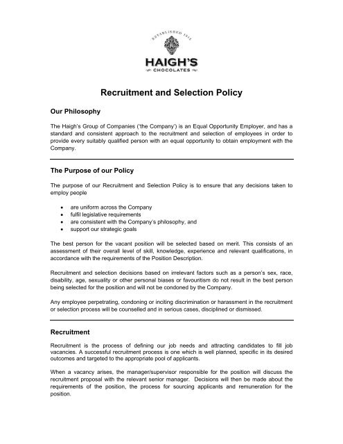 Recruitment and Selection Policy - Haigh's Chocolates