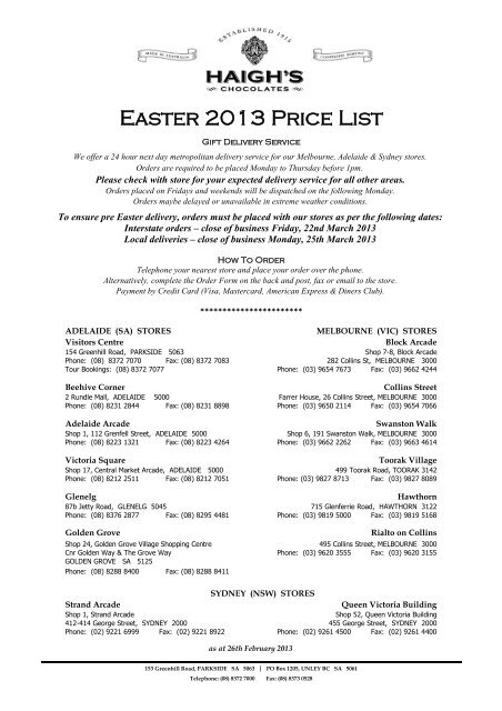 our Price List - Haigh's Chocolates