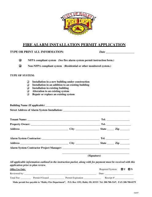 FIRE ALARM INSTALLATION PERMIT APPLICATION - City of Hailey