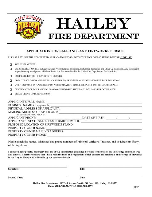 Safe and Sane Fireworks Permit Application 08-06 - City of Hailey