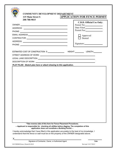 Fence Permit Application - City of Hailey