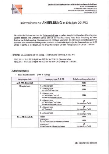 Aufnahmekriterien und Anmeldeinformationen