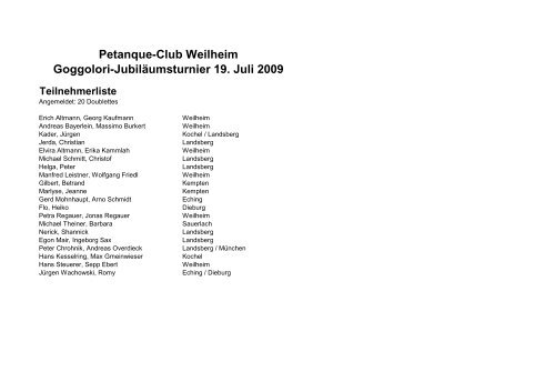 Goggolori-Jubiläumsturnier 19. Juli 2009 Petanque-Club Weilheim