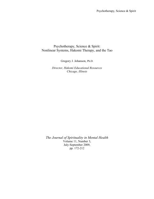 Psychotherapy, Science & Spirit: Nonlinear ... - Hakomi Institute