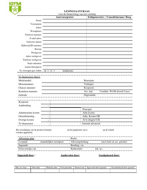 Aanvraagformulier voertuigfinanciering - Hakrinbank