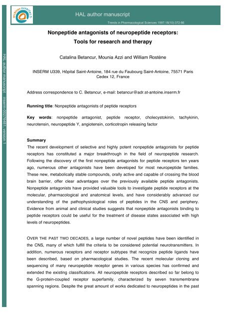 Nonpeptide antagonists of neuropeptide receptors: tools for ...