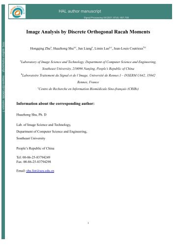 Image Analysis by Discrete Orthogonal Racah Moments - HAL