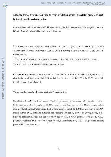 Mitochondrial dysfunction results from oxidative stress in the skeletal ...