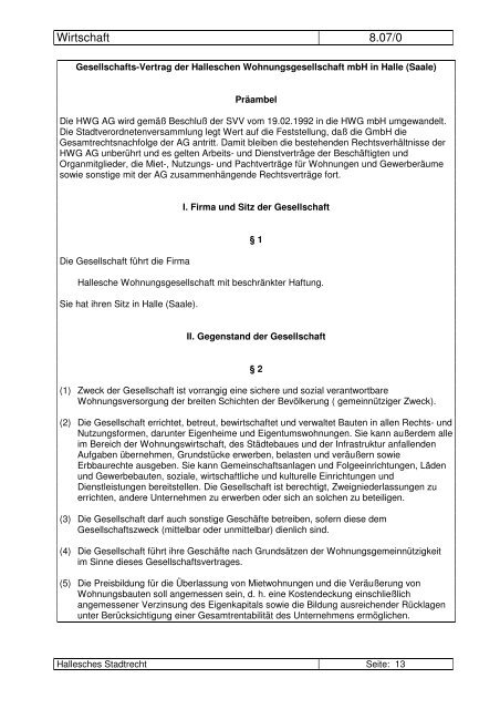 Hallesche Wohnungsgesllschaft mbH - Gesellschaftsvertrag