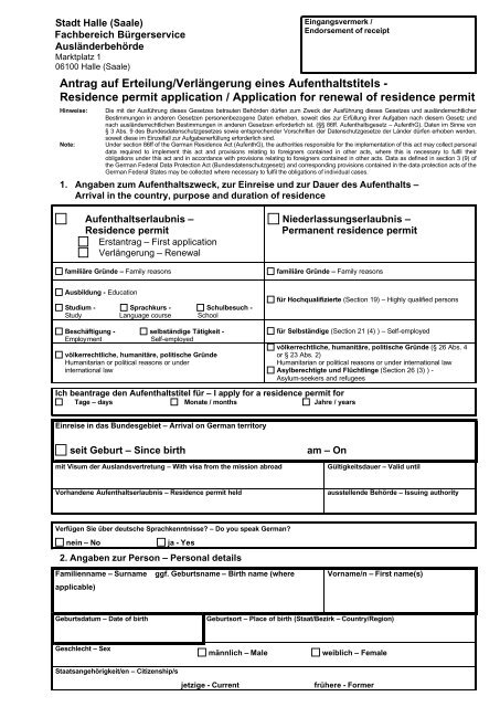 Erteilung/Verlängerung eines Aufenthaltstitels, Antrag (33-019)