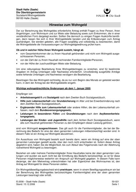 Hinweise Zum Wohngeld Merkblatt 50 021 Stadt Halle Saale