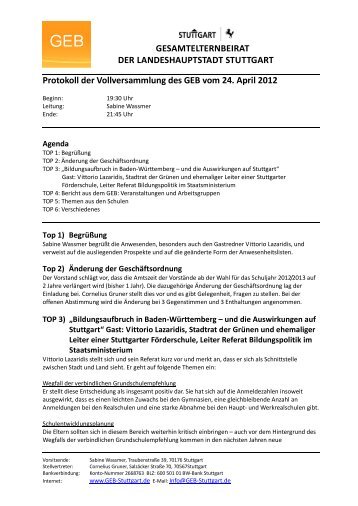 Protokoll der Vollversammlung des GEB vom 24 ... - Eltern in Stuttgart