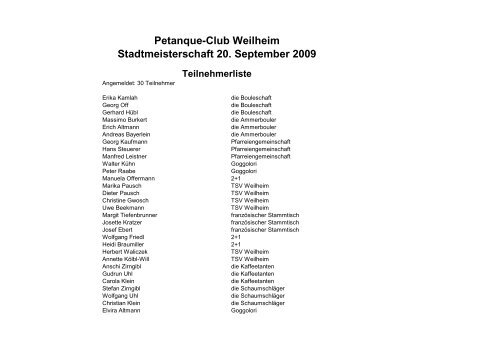 Petanque-Club Weilheim Stadtmeisterschaft 20. September 2009