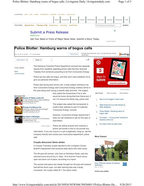 Police Blotter Hamburg Warns Of Bogus Calls Hamburg Township