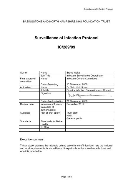 Protocol for infection surveillance - Hampshire Hospitals NHS ...