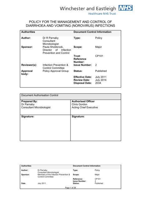 Policy for the management and control of diarrhoea and vomiting