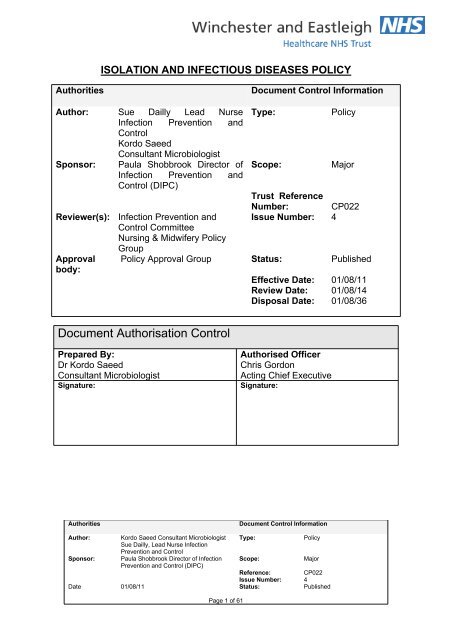 Isolation and infectious diseases policy - Hampshire Hospitals NHS ...