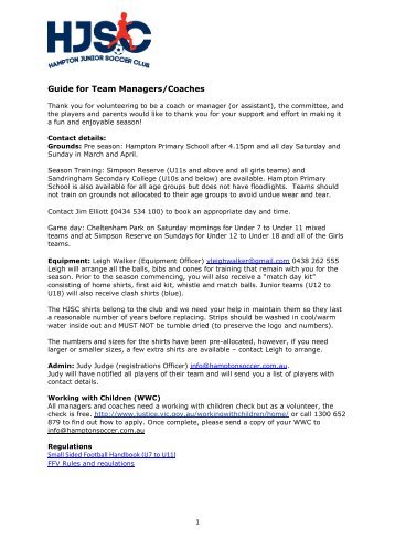 Guide for Team Managers - Hampton Junior Soccer Club Melbourne